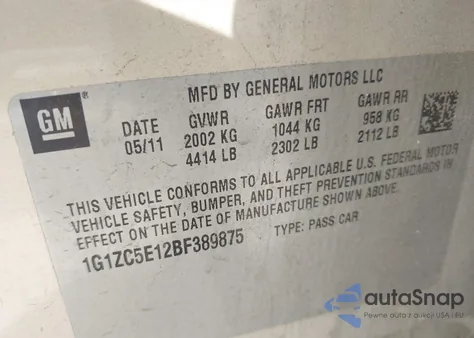 2011 Chevrolet Malibu 1Lt from USA, damaged, VIN 1G1ZC5E12BF389875